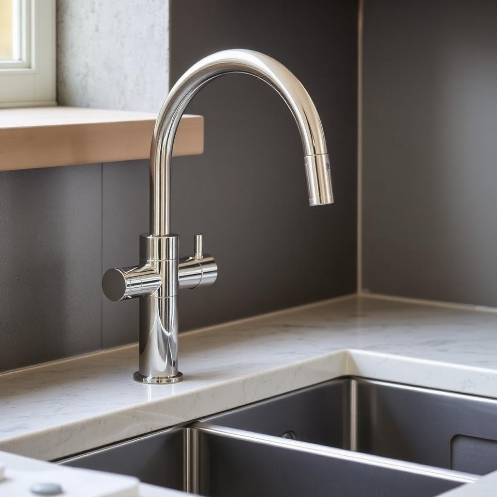 Plumber fitting a chrome kitchen tap with copper pipework
